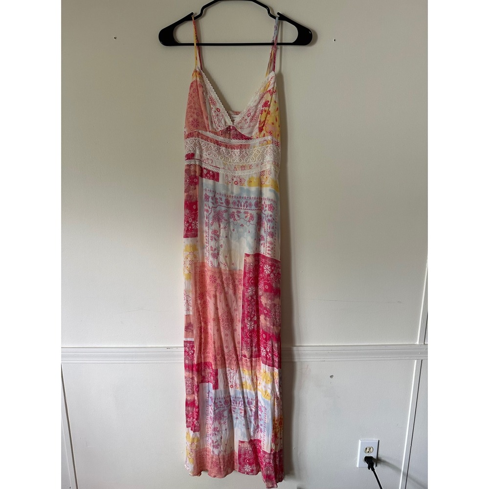 Coco + Jaimeson Pink Patchwork Bandana Maxi Dress small Crochet Lace Boho beach
